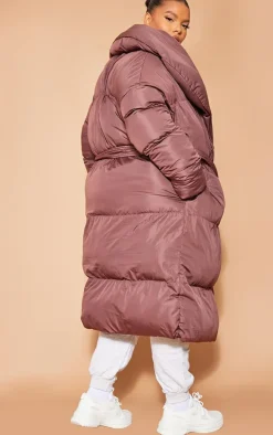 Plus Chocolate Oversized Collar Belted Longline Puffer Coat