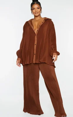 Plus Chocolate Plisse High Waisted Wide Leg Pants
