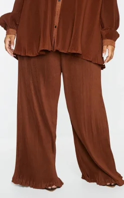 Plus Chocolate Plisse High Waisted Wide Leg Pants