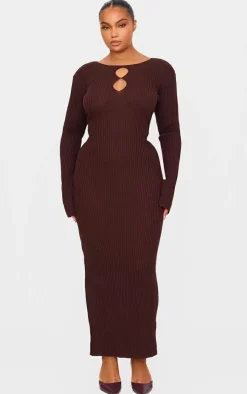 Plus Chocolate Ribbed Keyhole Knitted Midaxi Dress