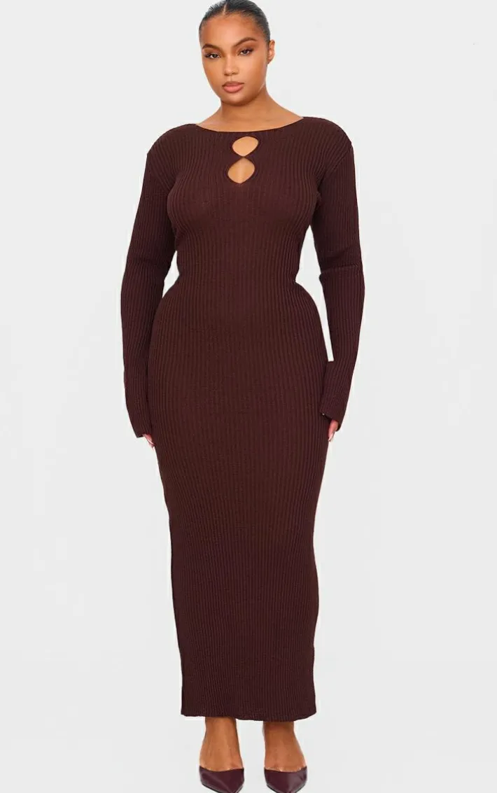 Plus Chocolate Ribbed Keyhole Knitted Midaxi Dress