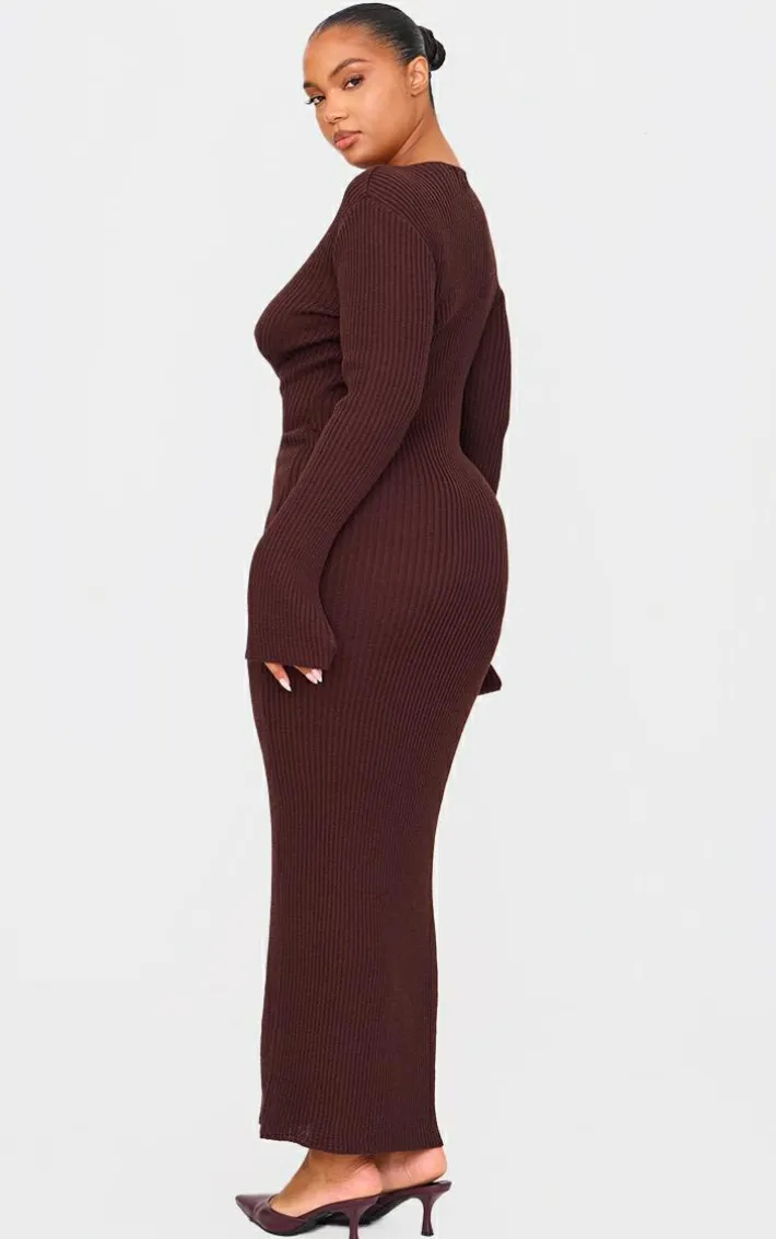 Plus Chocolate Ribbed Keyhole Knitted Midaxi Dress