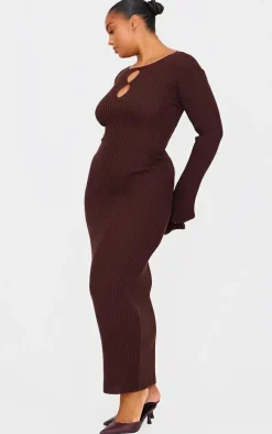 Plus Chocolate Ribbed Keyhole Knitted Midaxi Dress
