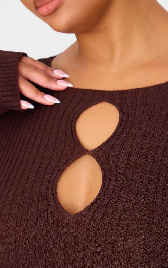 Plus Chocolate Ribbed Keyhole Knitted Midaxi Dress