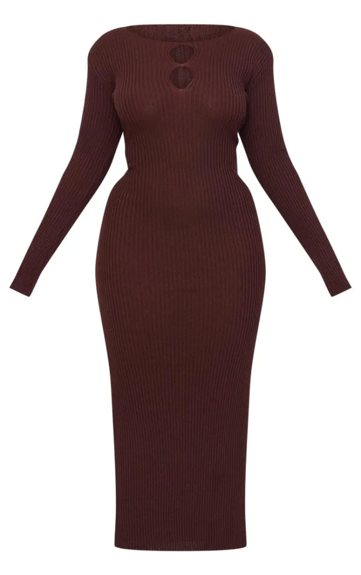 Plus Chocolate Ribbed Keyhole Knitted Midaxi Dress