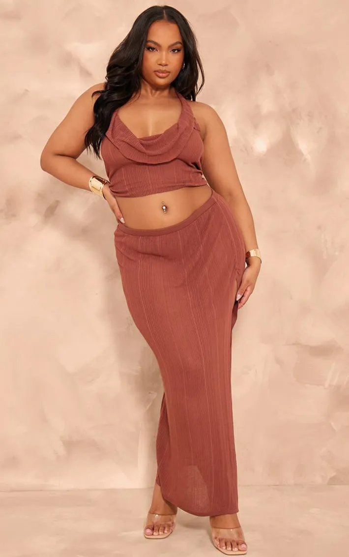 Plus Chocolate Sheer Ribbed Knit Ruched Side Maxi Skirt
