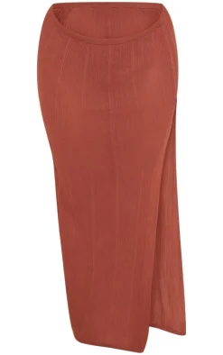 Plus Chocolate Sheer Ribbed Knit Ruched Side Maxi Skirt