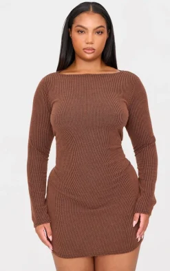 Plus Chocolate Slash Neck Long Sleeve Ribbed Mini Dress