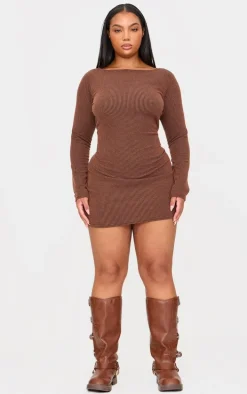 Plus Chocolate Slash Neck Long Sleeve Ribbed Mini Dress