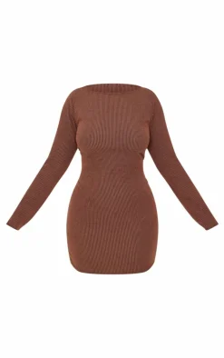 Plus Chocolate Slash Neck Long Sleeve Ribbed Mini Dress