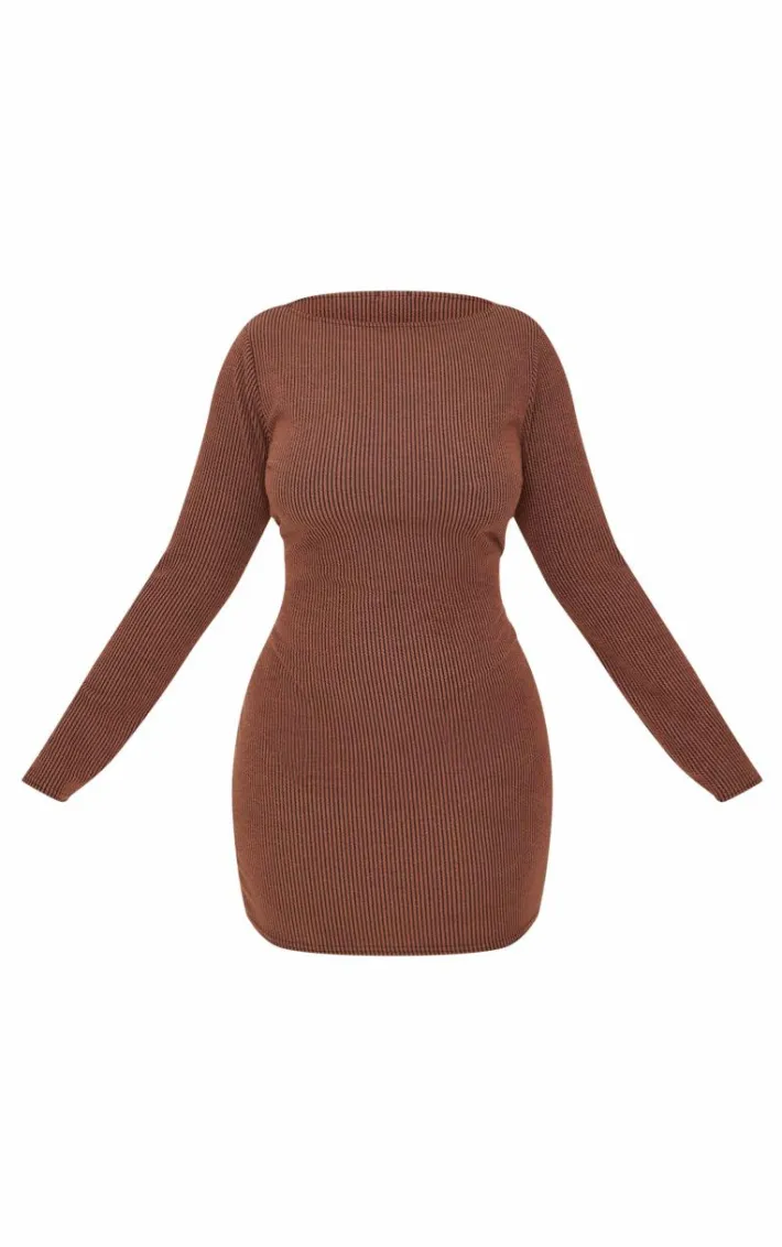 Plus Chocolate Slash Neck Long Sleeve Ribbed Mini Dress