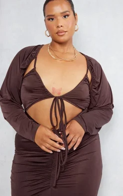 Plus Chocolate Slinky Cut Out Ruched Maxi Dress