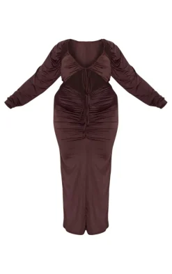 Plus Chocolate Slinky Cut Out Ruched Maxi Dress