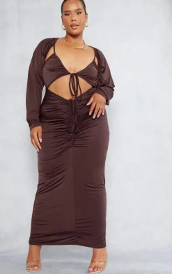 Plus Chocolate Slinky Cut Out Ruched Maxi Dress