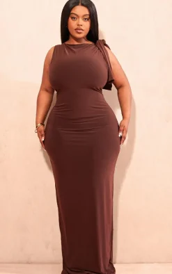 Plus Chocolate Slinky Knot Drape Midaxi Dress