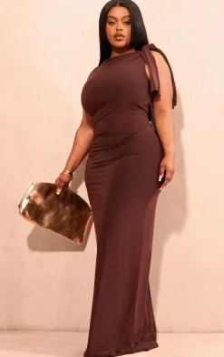 Plus Chocolate Slinky Knot Drape Midaxi Dress