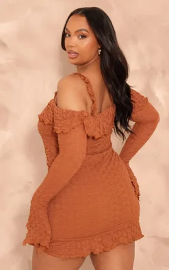 Plus Chocolate Textured Bardot Frill Hem Bodycon Dress
