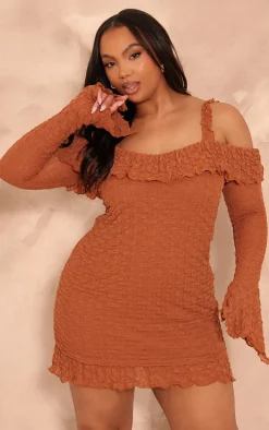 Plus Chocolate Textured Bardot Frill Hem Bodycon Dress