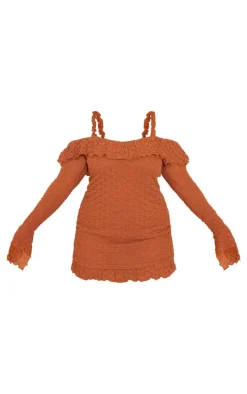 Plus Chocolate Textured Bardot Frill Hem Bodycon Dress