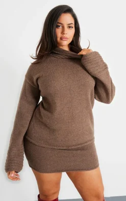 Plus Chocolate Textured Knit Roll Neck Oversized Sweater