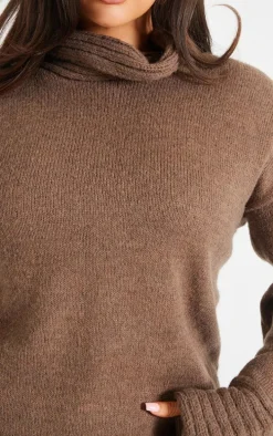Plus Chocolate Textured Knit Roll Neck Oversized Sweater