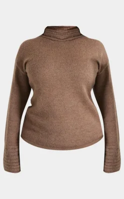 Plus Chocolate Textured Knit Roll Neck Oversized Sweater