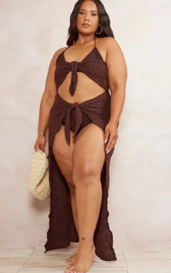Plus Chocolate Textured Tie Front Mid Beach Dress