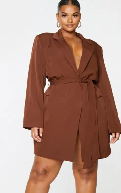 Plus Chocolate Tie Waist Blazer Dress