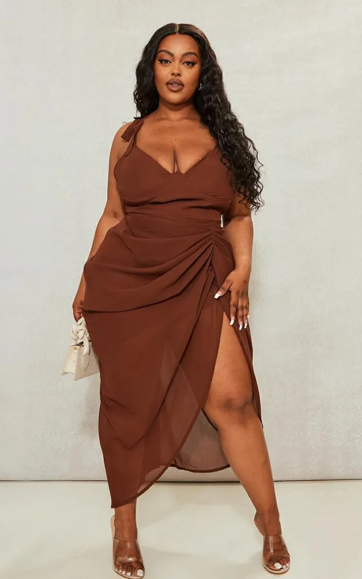 Plus Chocolate Underwire Detail Draped Midi Dress