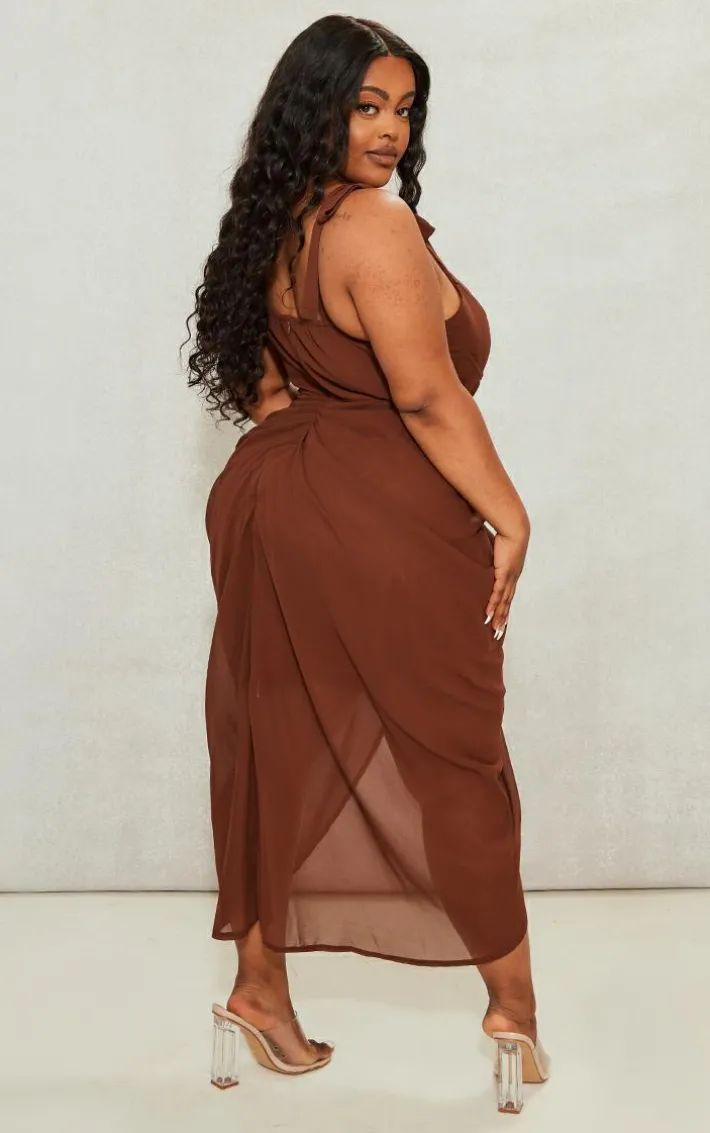 Plus Chocolate Underwire Detail Draped Midi Dress