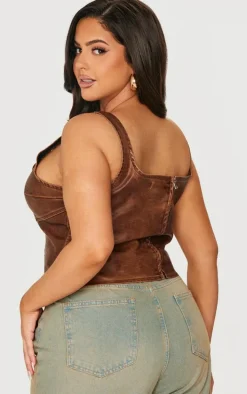 Plus Chocolate Washed Faux Leather Lace Up Corset Top