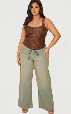 Plus Chocolate Washed Faux Leather Lace Up Corset Top