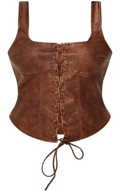 Plus Chocolate Washed Faux Leather Lace Up Corset Top