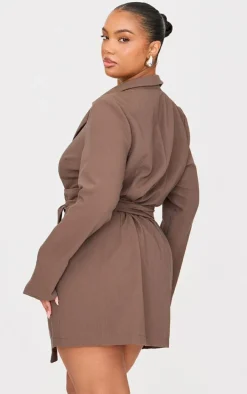 Plus Chocolate Woven Belted Blazer Dress