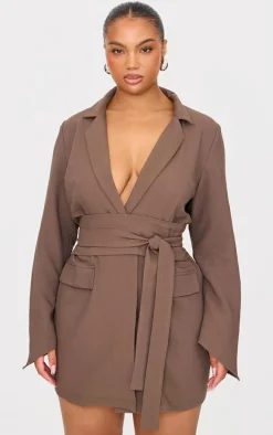 Plus Chocolate Woven Belted Blazer Dress