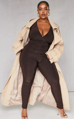 Plus Chocolate Wrap Front Longsleeve Catsuit