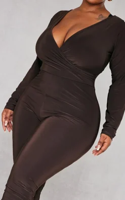 Plus Chocolate Wrap Front Longsleeve Catsuit