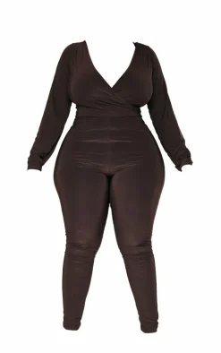 Plus Chocolate Wrap Front Longsleeve Catsuit