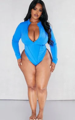 Plus Cobalt Zip Up Seam Detail Long Sleeve Swimsuit