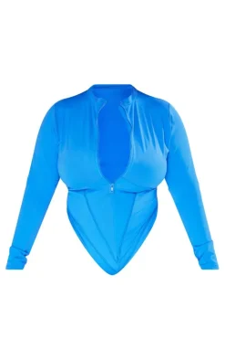 Plus Cobalt Zip Up Seam Detail Long Sleeve Swimsuit