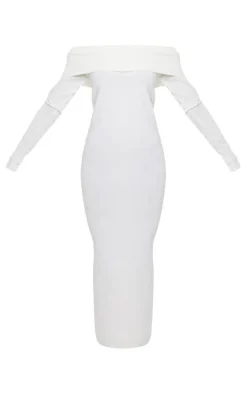 Plus Cream Bardot Fold Over Detail Maxi Knit Dress