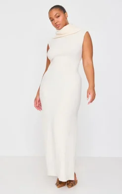 Plus Cream Brushed Rib Roll Neck Maxi Dress