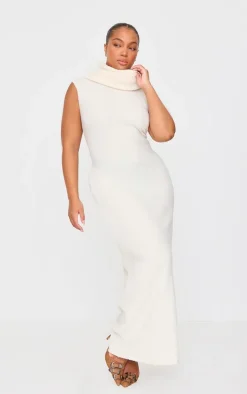 Plus Cream Brushed Rib Roll Neck Maxi Dress