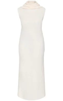 Plus Cream Brushed Rib Roll Neck Maxi Dress