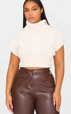 Plus Cream Cable Knit Cap Sleeve Roll Neck Cropped Vest