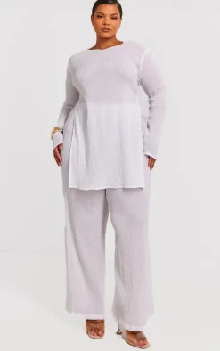 Plus Cream Cheesecloth Textured Wide Leg Pants