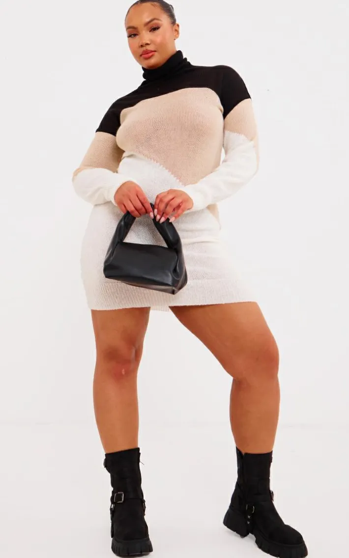 Plus Cream Color Block Knitted Midi Dress