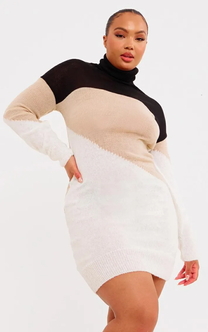 Plus Cream Color Block Knitted Midi Dress