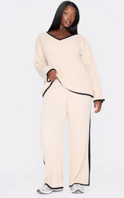 Plus Cream Contrast Stitch Wide Leg Pants