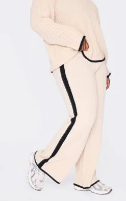 Plus Cream Contrast Stitch Wide Leg Pants